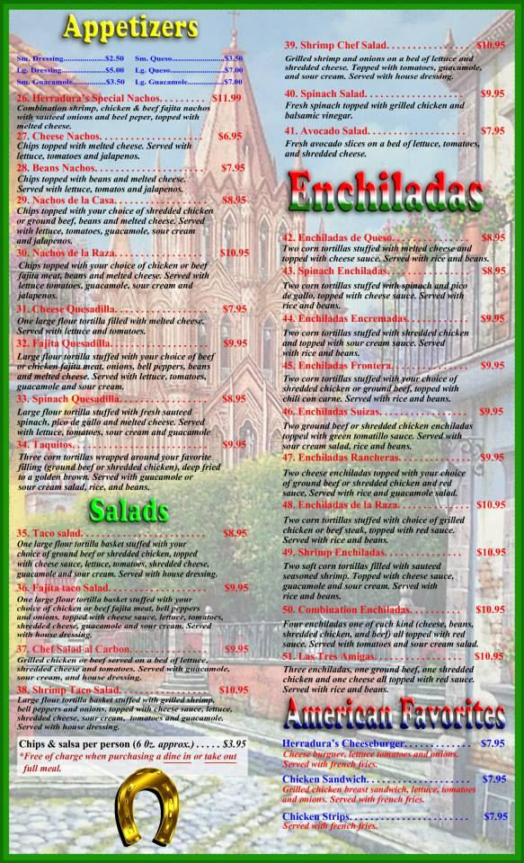 Menu at La Herradura restaurant, Oil City