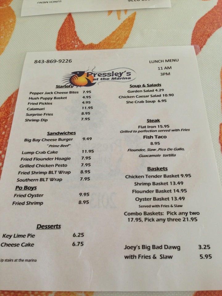 Menu at Pressley's at the Marina restaurant, Edisto Beach, Docksite Rd