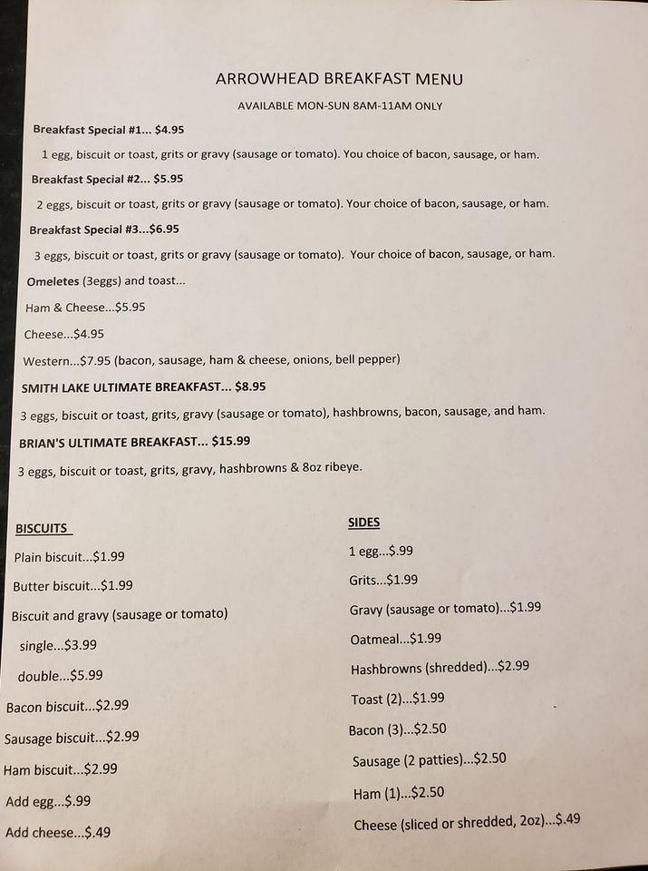 Menu at Arrowhead Bar & Grill, Crane Hill Alabama, Crane Hill