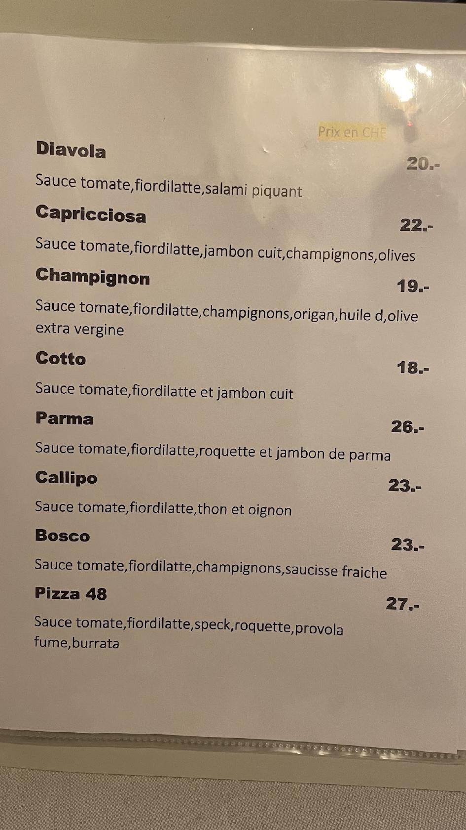 Menu da Artisti Pizza & Brace, Conthey
