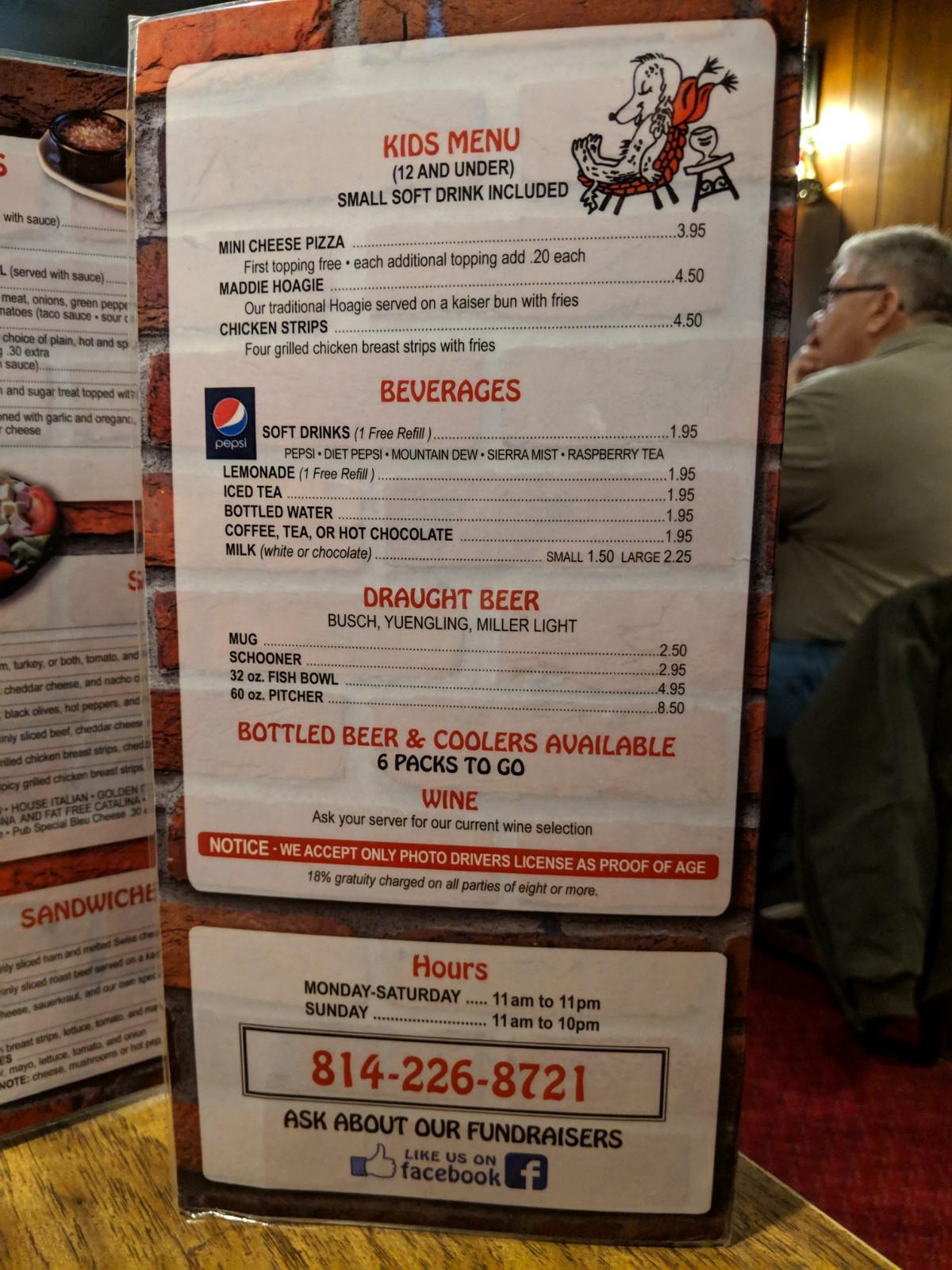 Menu at Pizza Pub, Clarion, E Main St