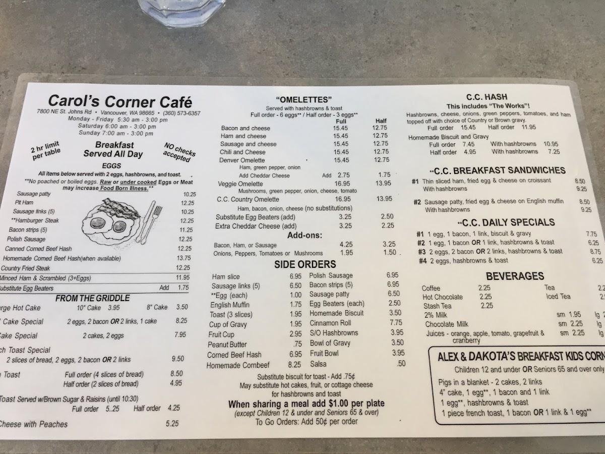 Menu at Carol's Corner Cafe, Vancouver