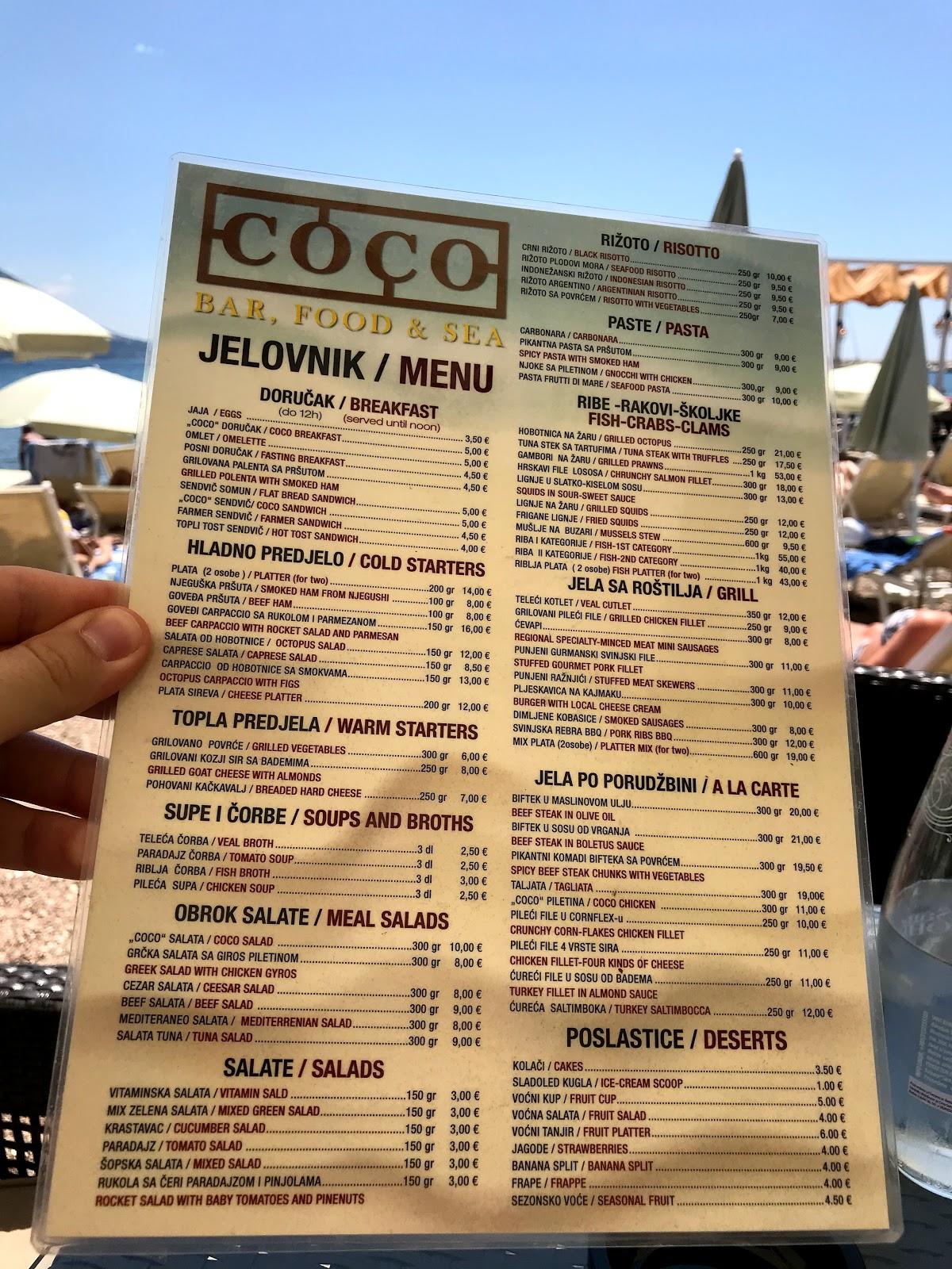 Menu at Coco Bar, Food & Sea, Budva