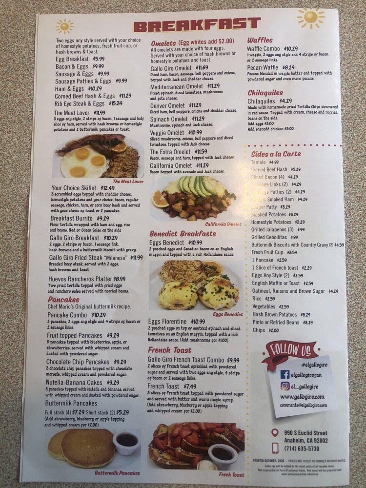 Carta del restaurante El Gallo Giro, Anaheim