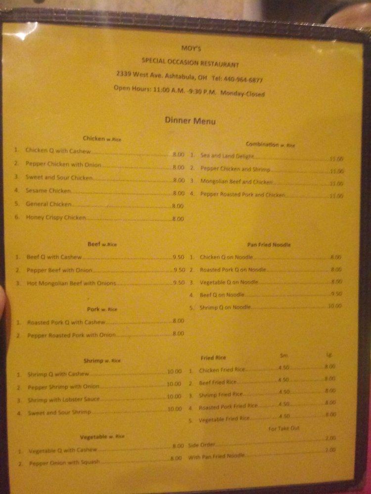 Menu at Moy's Special Occasion Restaurant, Ashtabula