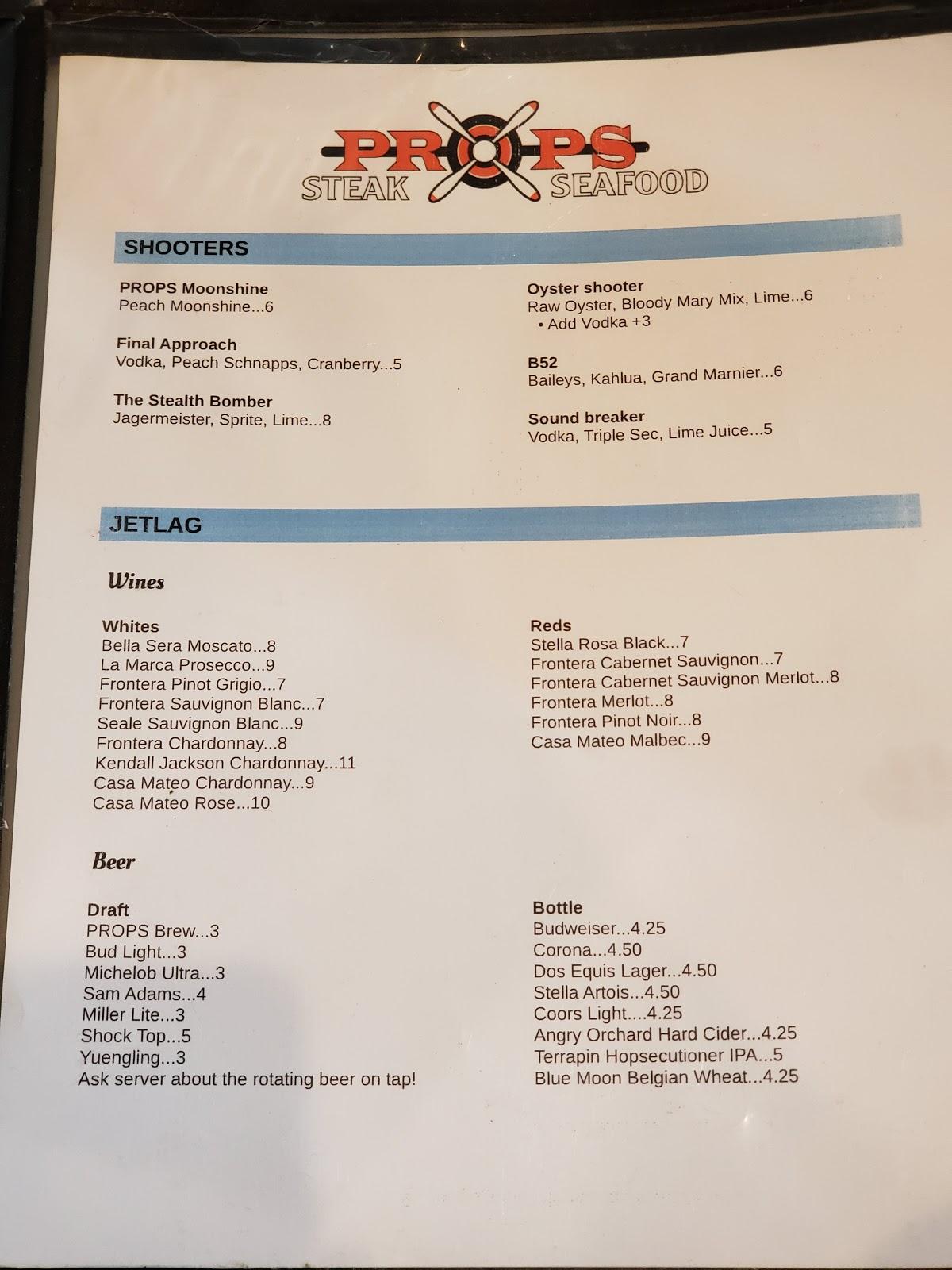 Menu at Props Steak and Seafood Restaurant, Warner Robins