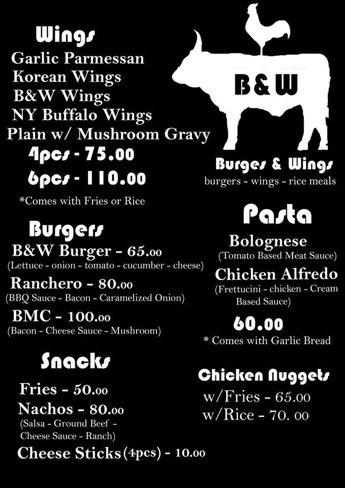 Menu at B&W burgers and wings restaurant, Manila