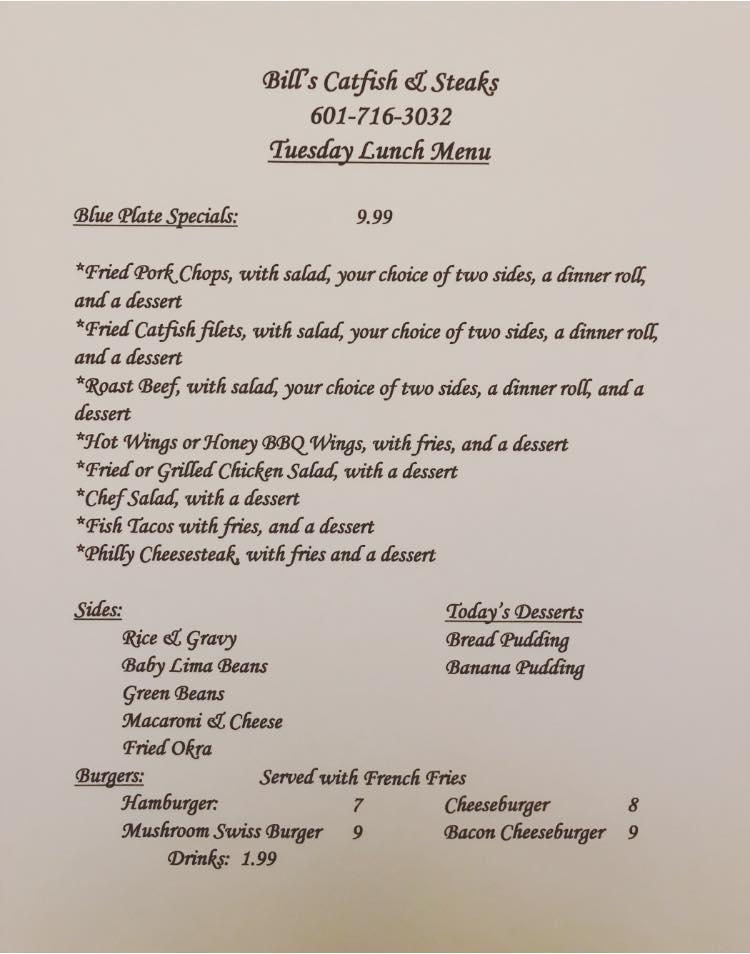 Menu at Bill's Catfish & Steaks steakhouse, Wiggins