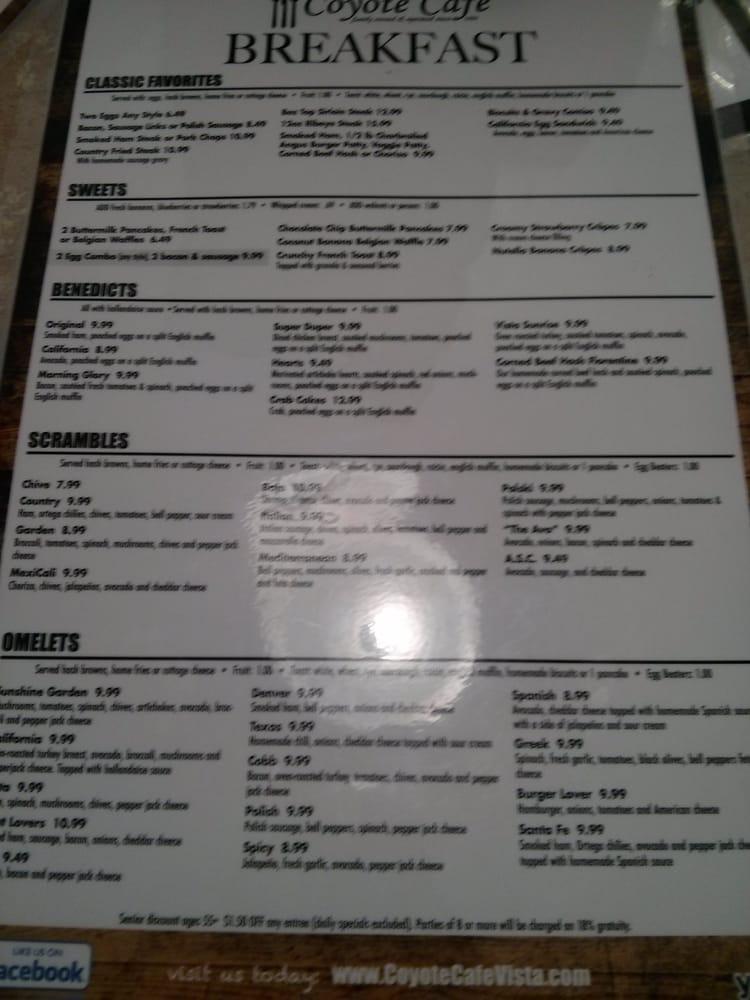 Menu at Coyote Cafe, Vista