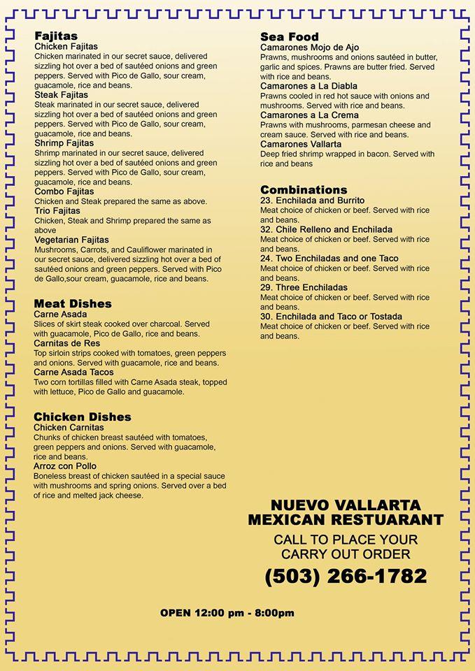 Menu at Nuevo Vallarta restaurant, Canby