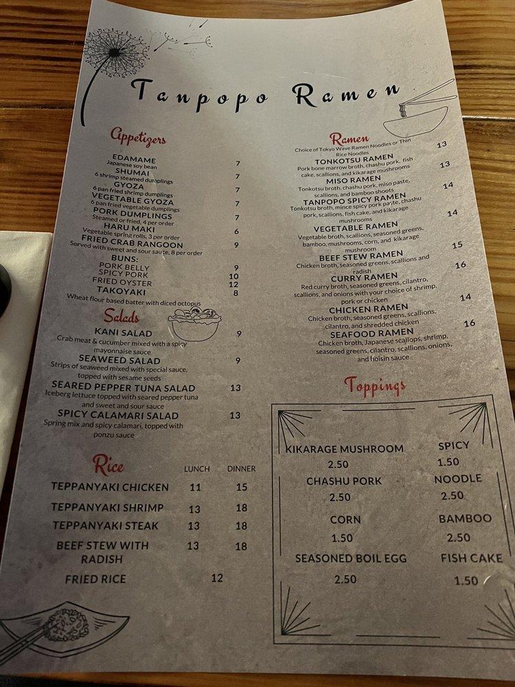 Menu at Tanpopo Ramen and Sake pub & bar, Schenectady