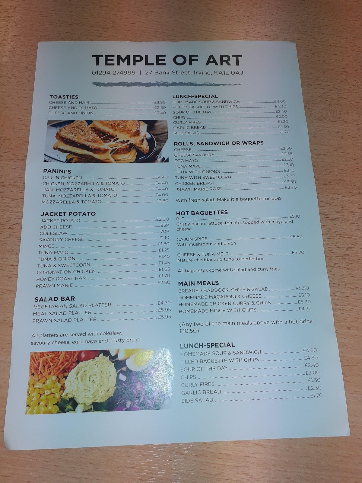 Menu at The Temple Of Art cafe, Irvine