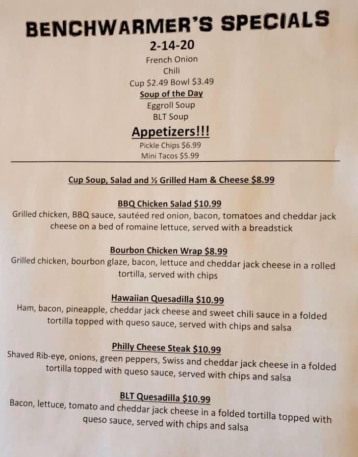 Menu at Bench Warmers Sports Bar & Grill, Sandusky