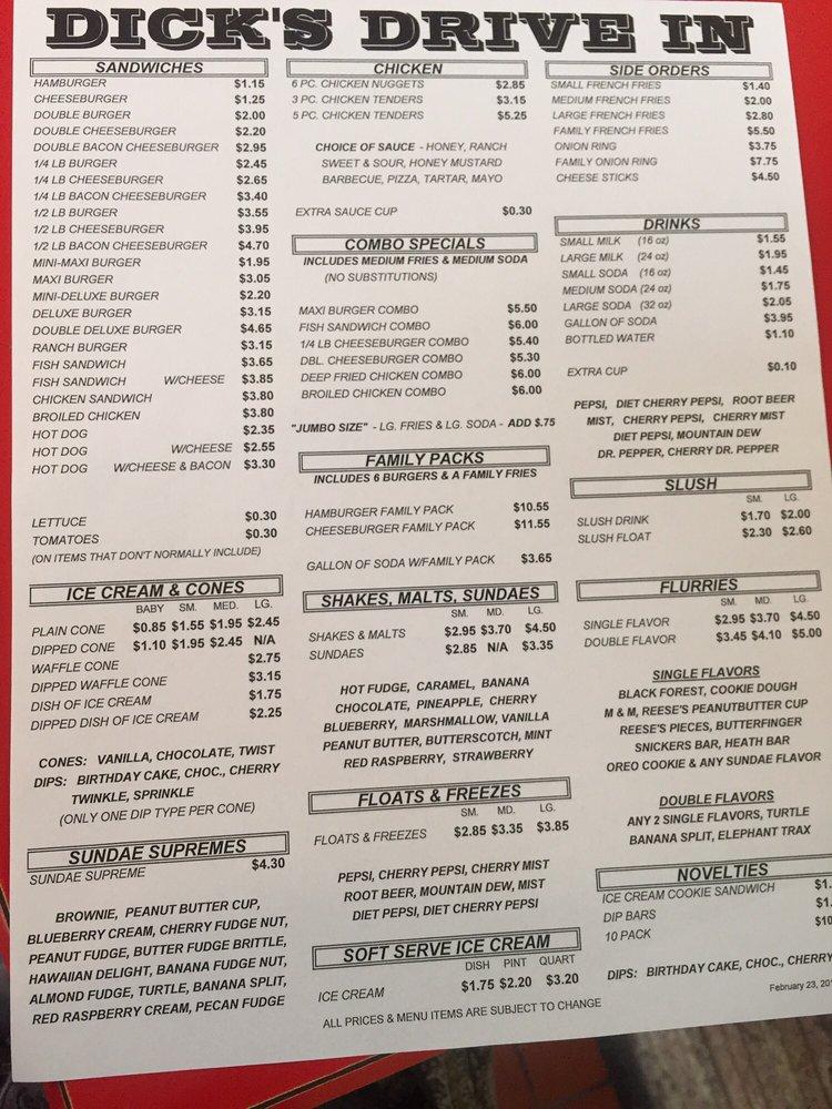 Menu At Dicks Drive In Fast Food Kaukauna