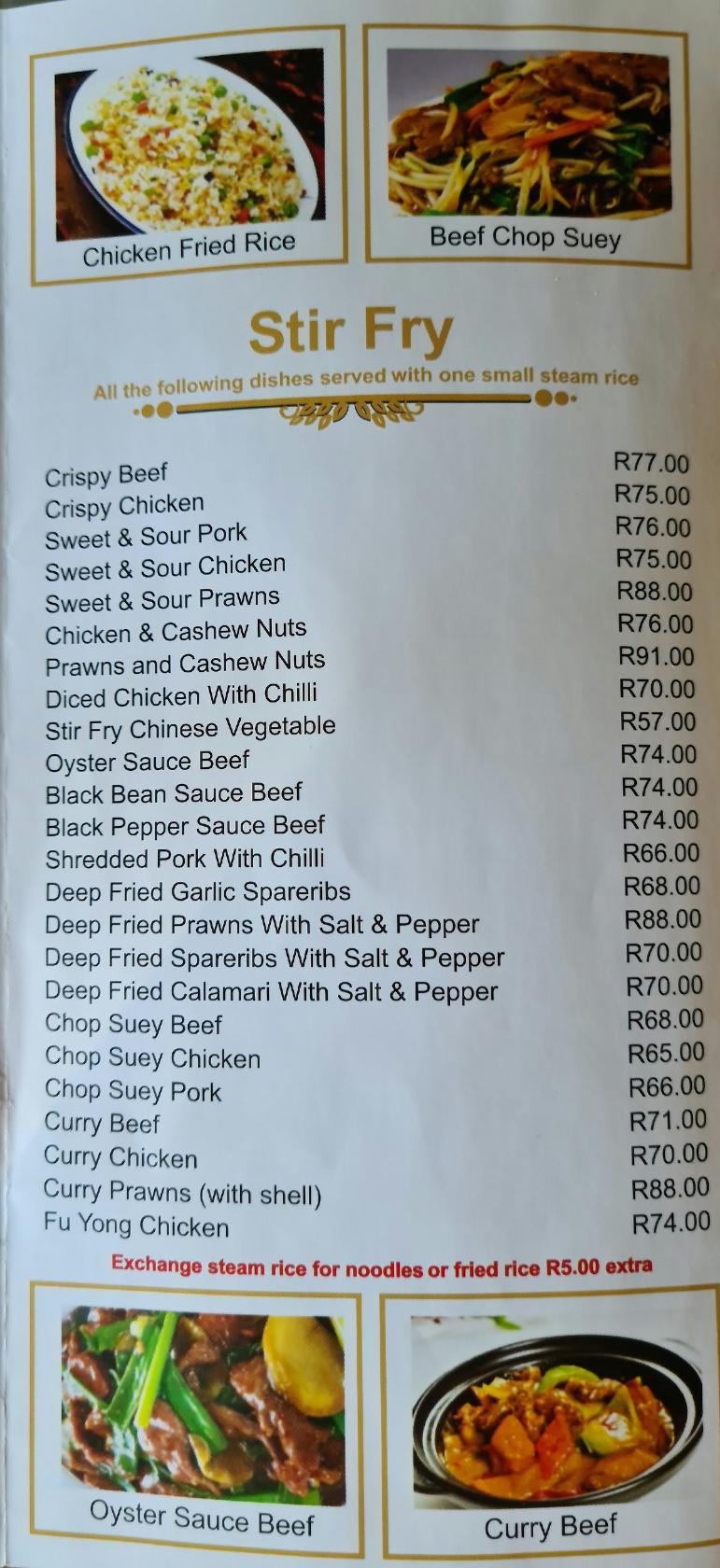 Menu at Yung Chen restaurant, Kempton Park