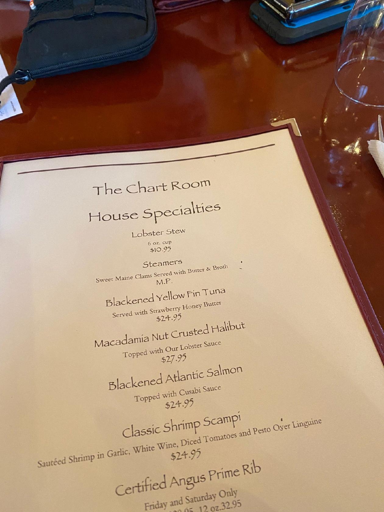 Menu at The Chart Room restaurant, Bar Harbor