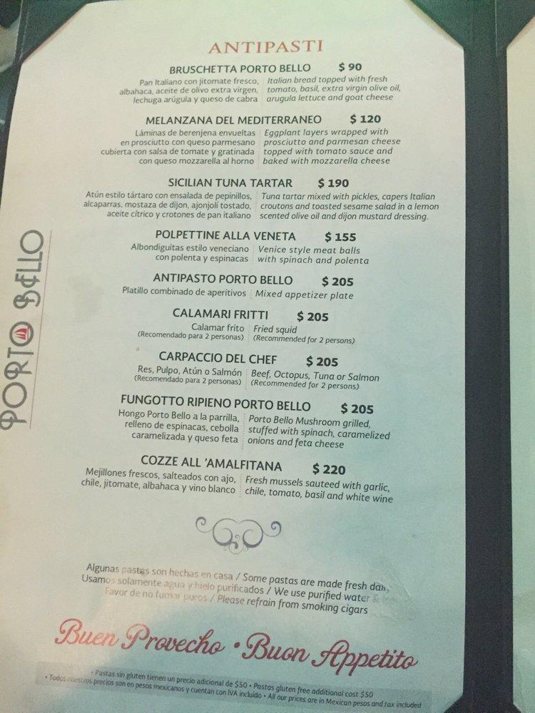 Menu at Porto Bello restaurant, Puerto Vallarta, C. Popa s/n
