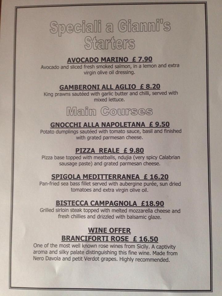 Menu at Gianni's Pizzeria, Penrith