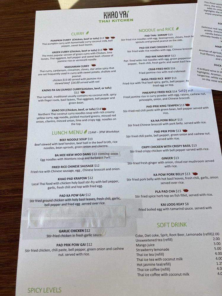 Menu at Khao Yai Thai Kitchen pub & bar, Beaverton