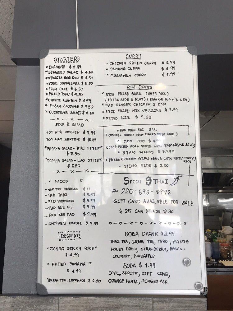 Menu at spicy 9 thai restaurant, Aurora
