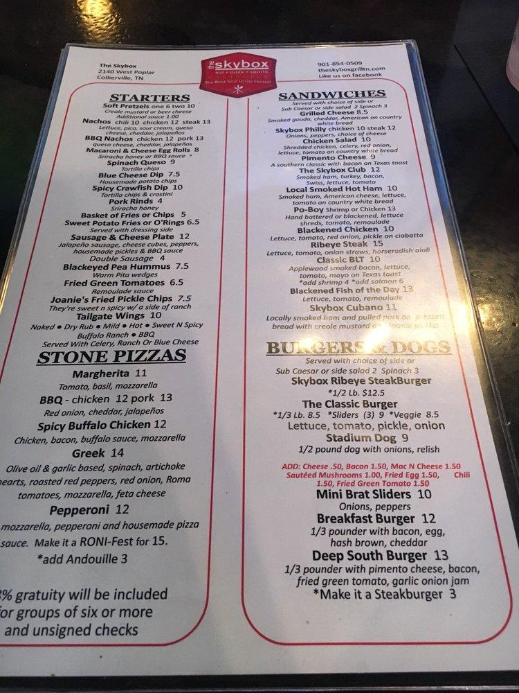 Menu at The Skybox Grill pub bar Collierville W Poplar Ave #101