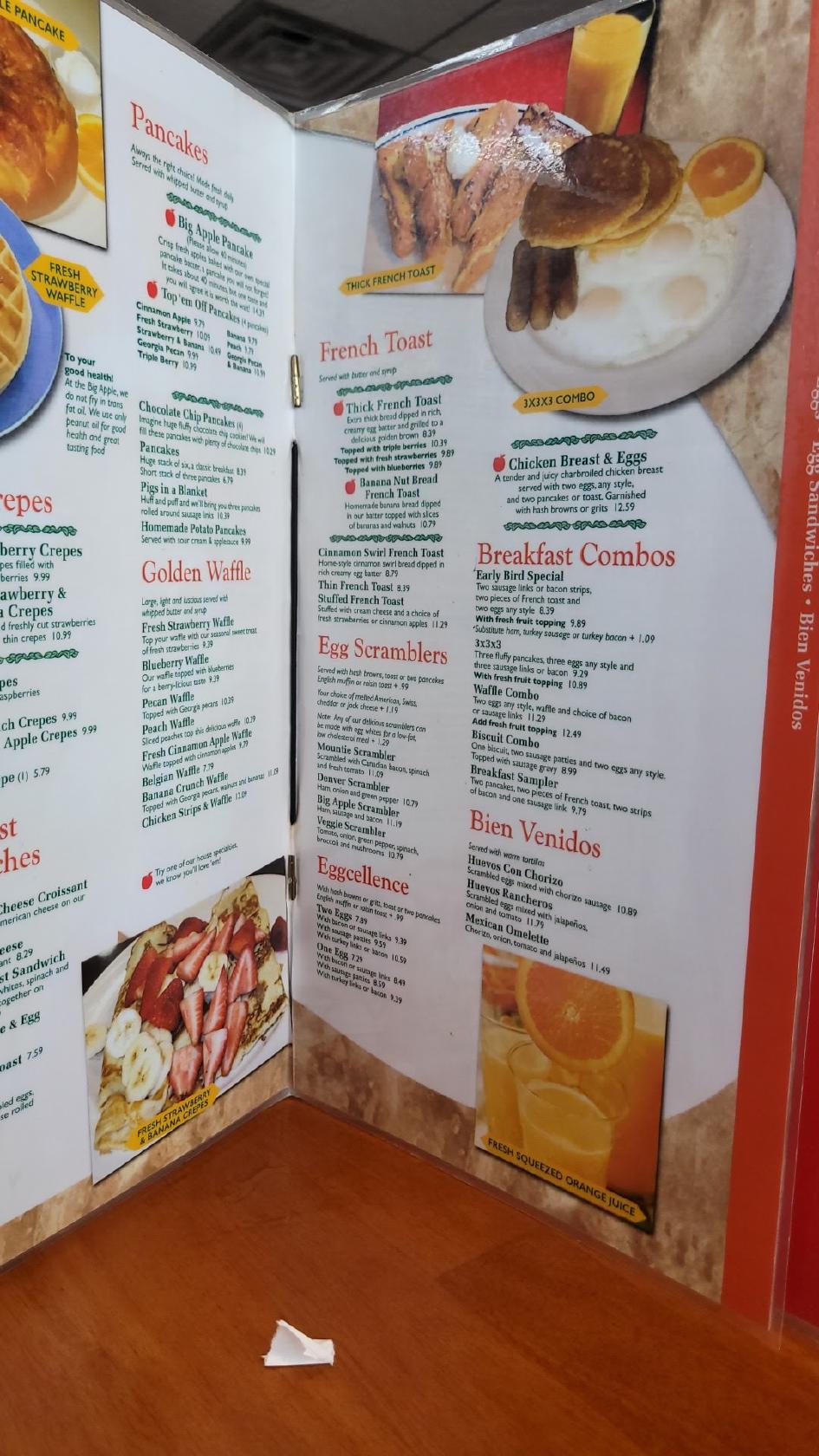 Menu at Big Apple Pancake House cafe, Joliet