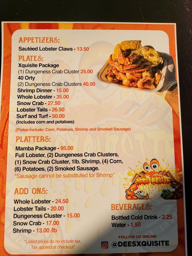 Menu at Dees Xquisite Seafood restaurant, New Orleans