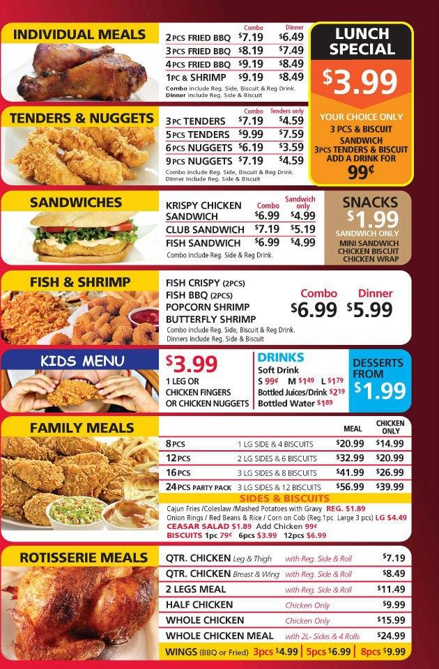 Menu at Krispy's Kajun Chicken fast food, Markham, Hwy 7