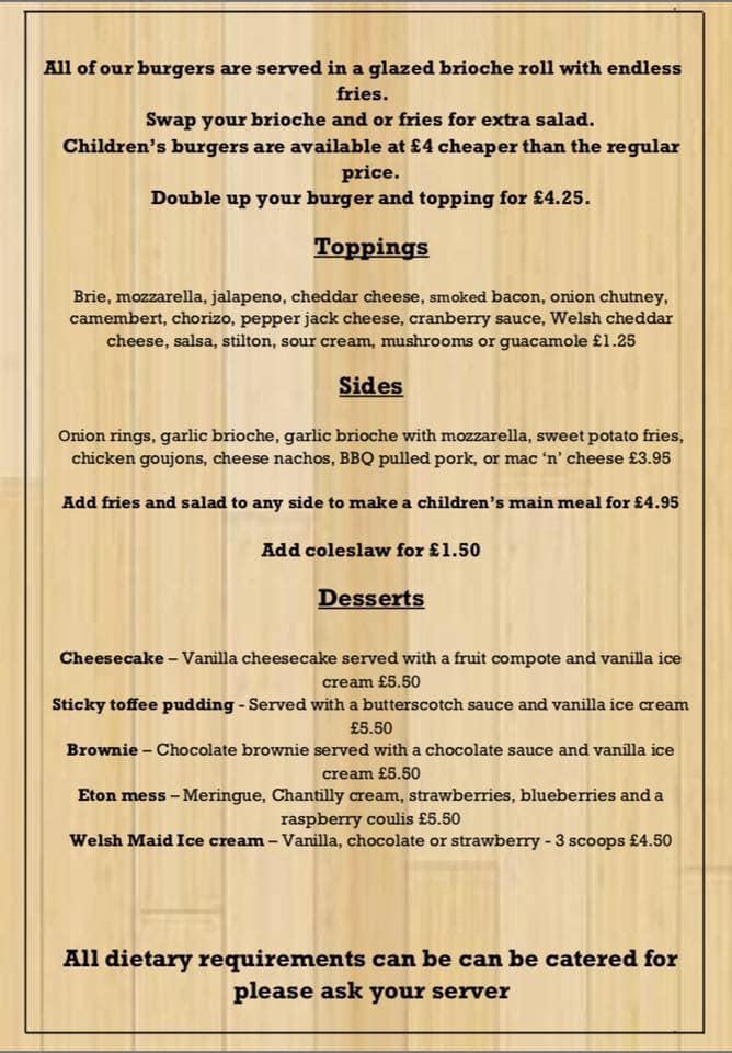 Menu at Tom's Hamburger House restaurant, Menai Bridge