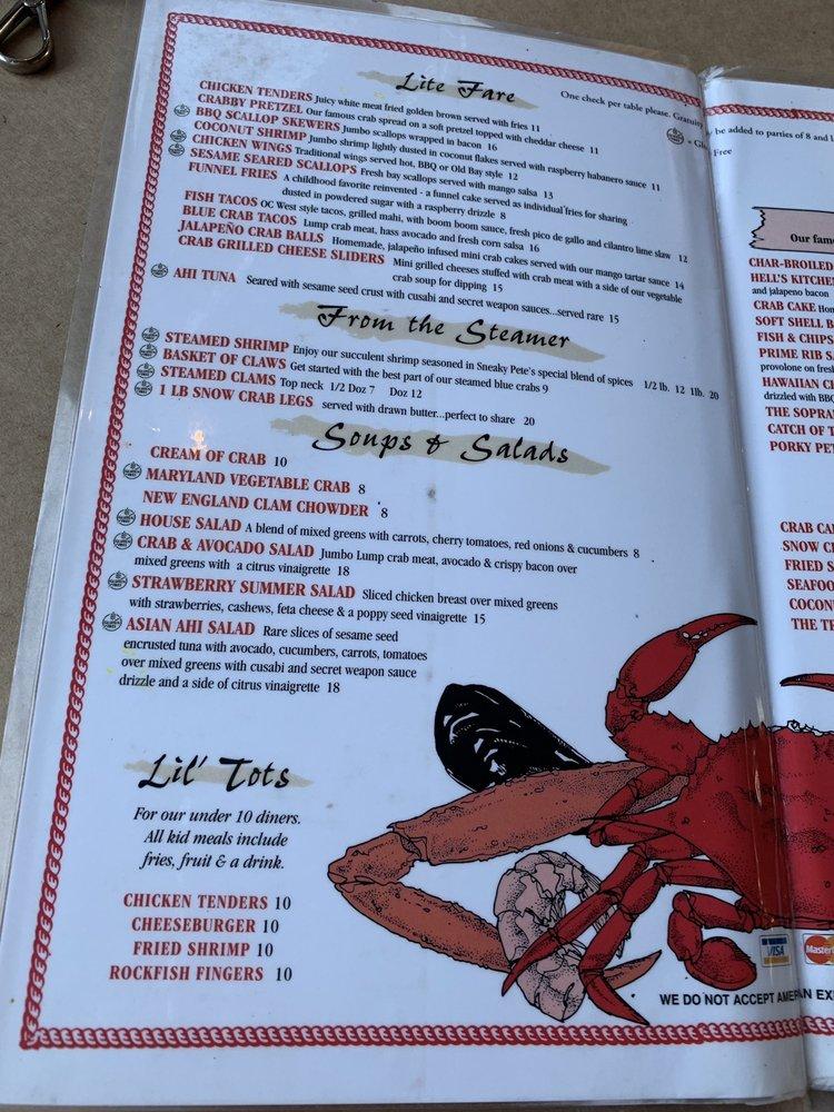 Menu at Hooper's Crab House & Sneaky Pete's restaurant, Ocean City