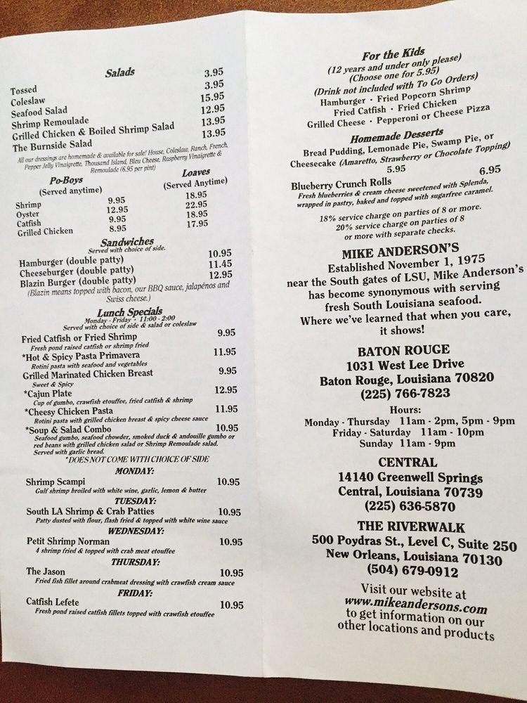 Menu at Mike Anderson's Baton Rouge restaurant, Baton Rouge