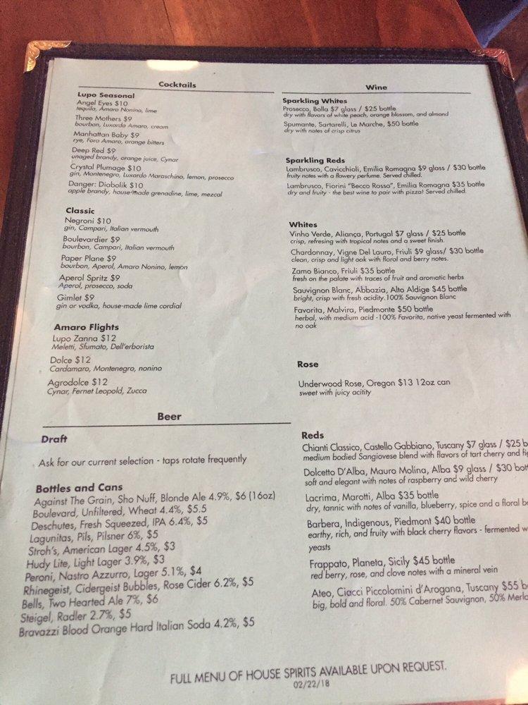 Menu at Pizza Lupo pizzeria, Louisville