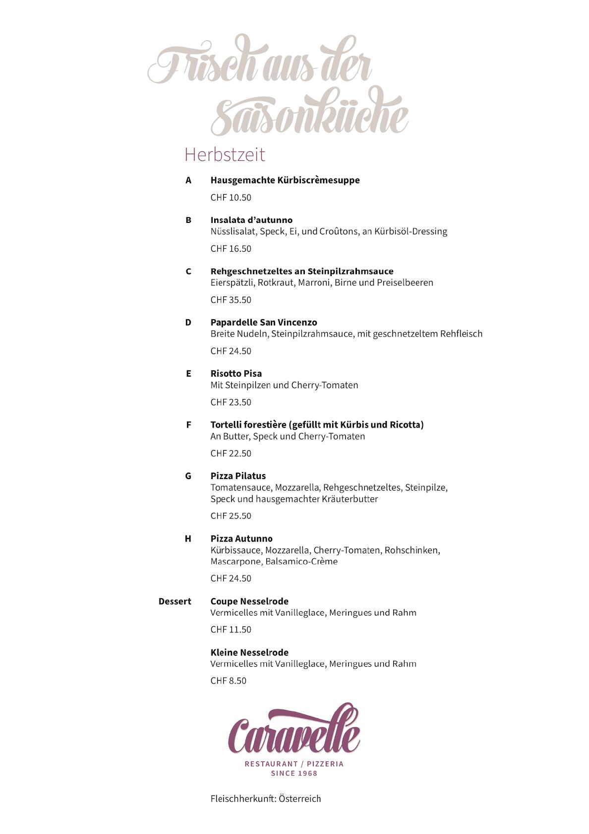 Menu da Restaurant Caravelle, Lucerna