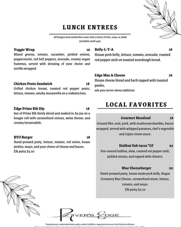 Menu at River's Edge Restaurant, Grants Pass