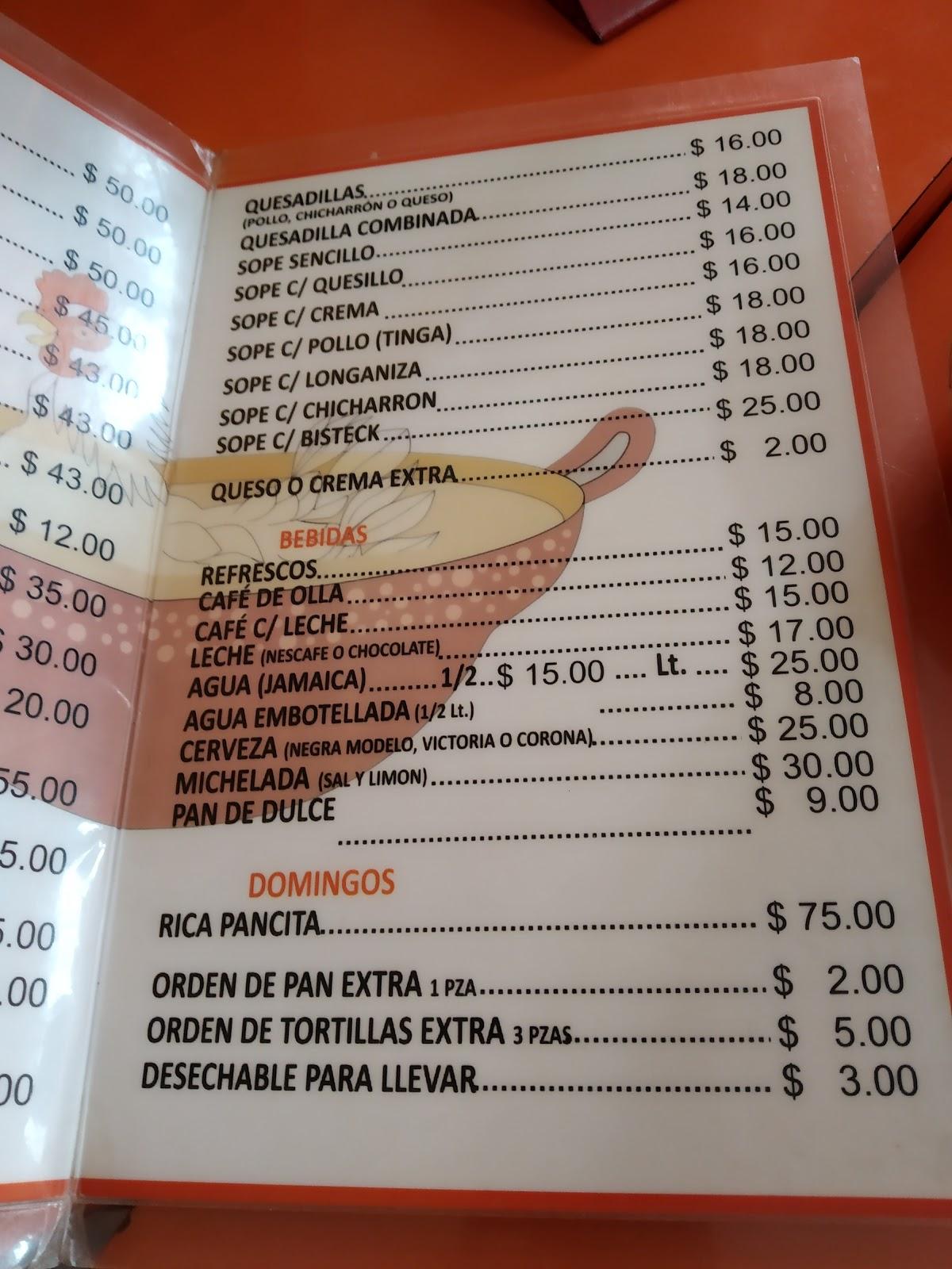 Carta Del Restaurante Caldos Del Gallina "La Esperanza", Mexico