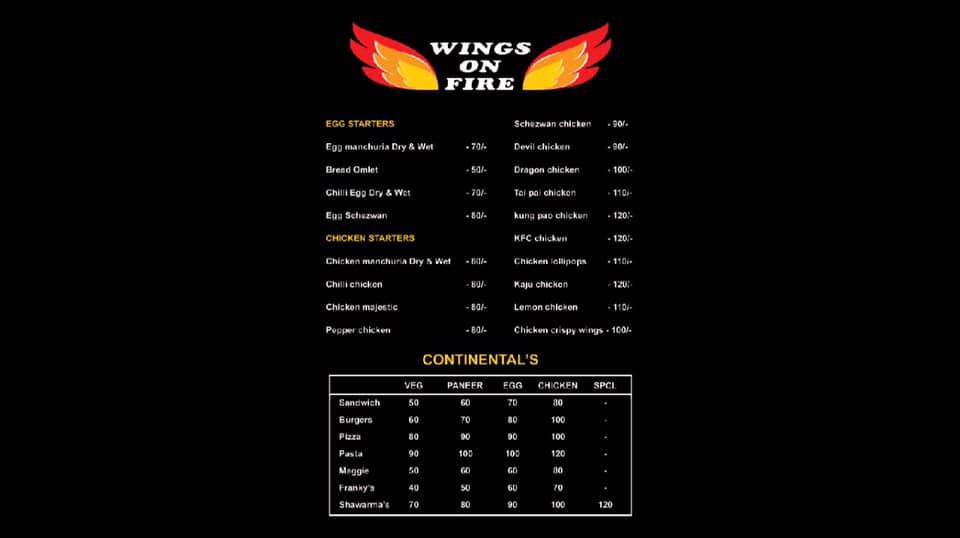 Menu at Wings on Fire restaurant, Warangal