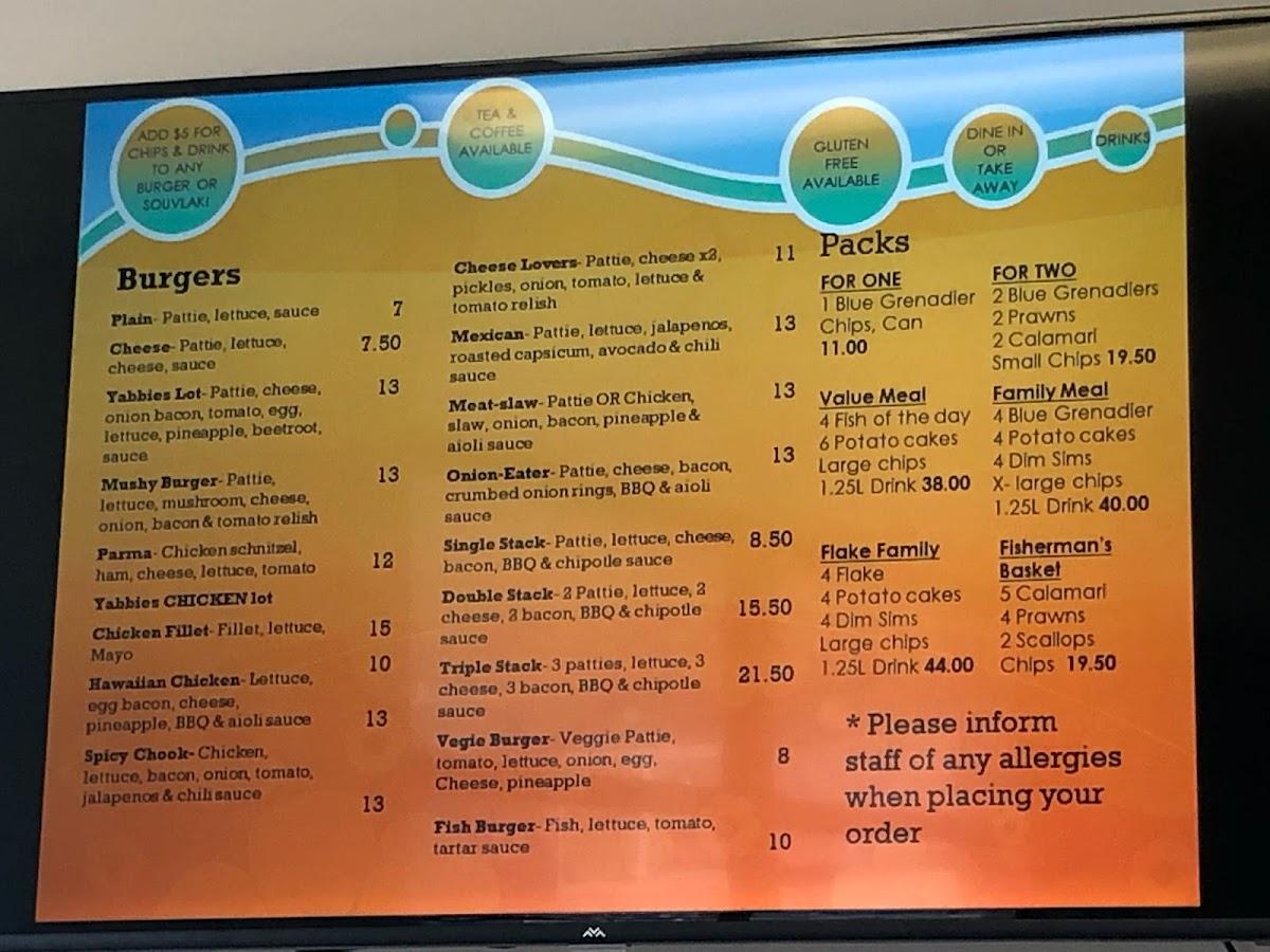 Menu at Yabbies Fish & Chips & burger bar, Mornington