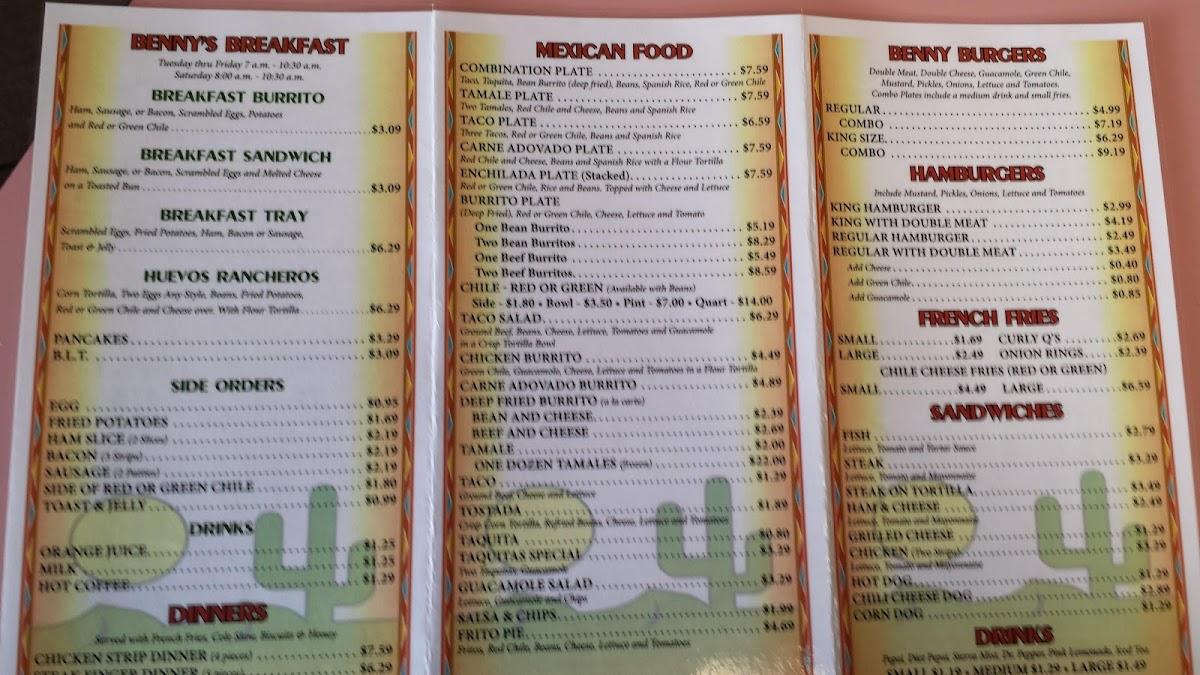 Menu at Benny's restaurant, Bosque Farms