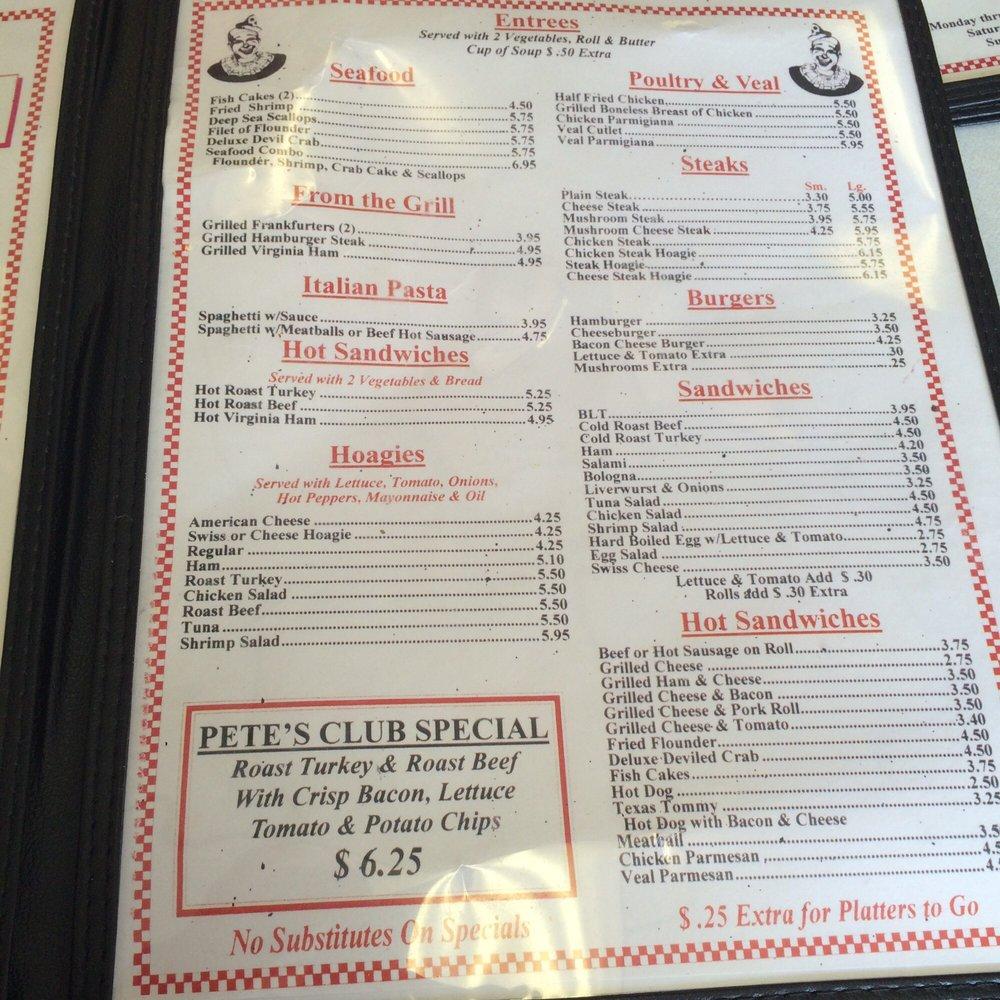 Carta del restaurante Pete's Clown House, Filadelfia