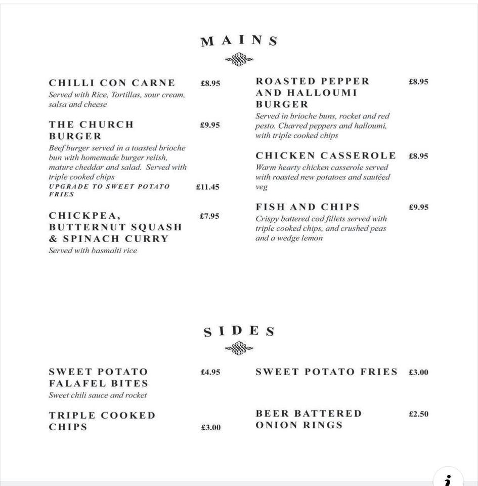 Menu at The Church Northampton restaurant, Northampton