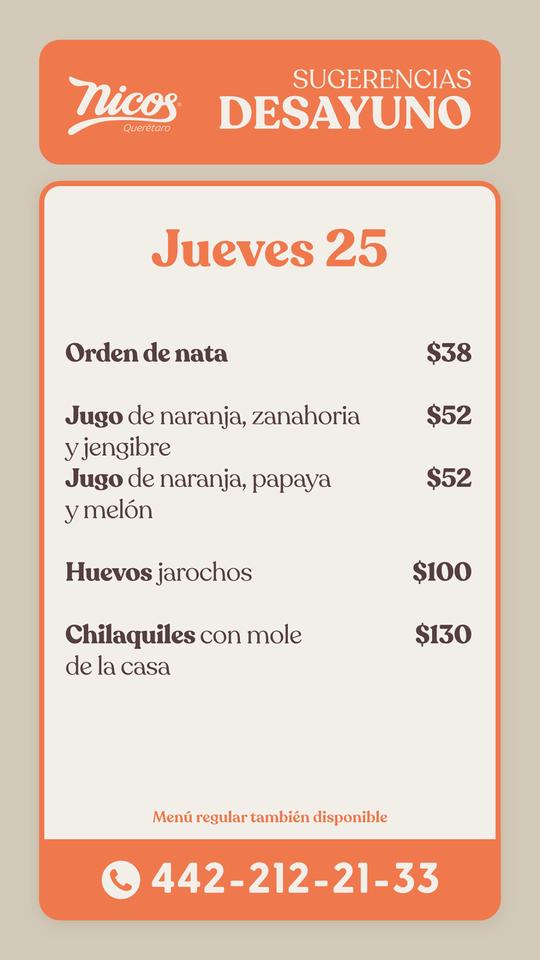 Carta de Restaurante Nicos, Santiago de Querétaro