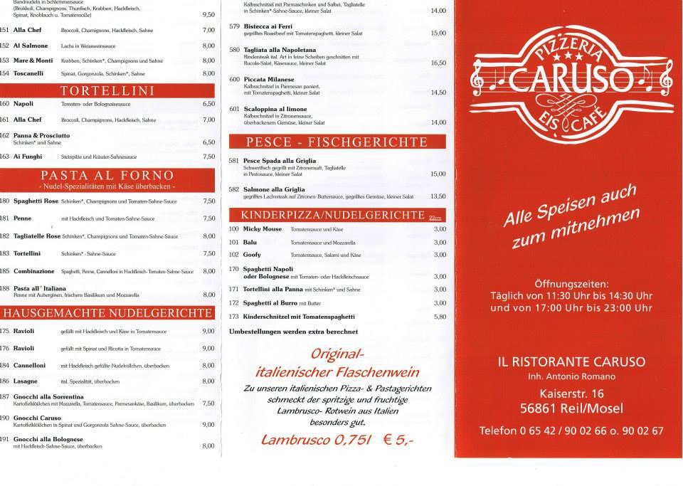 Menu at Pizzeria Caruso Reil