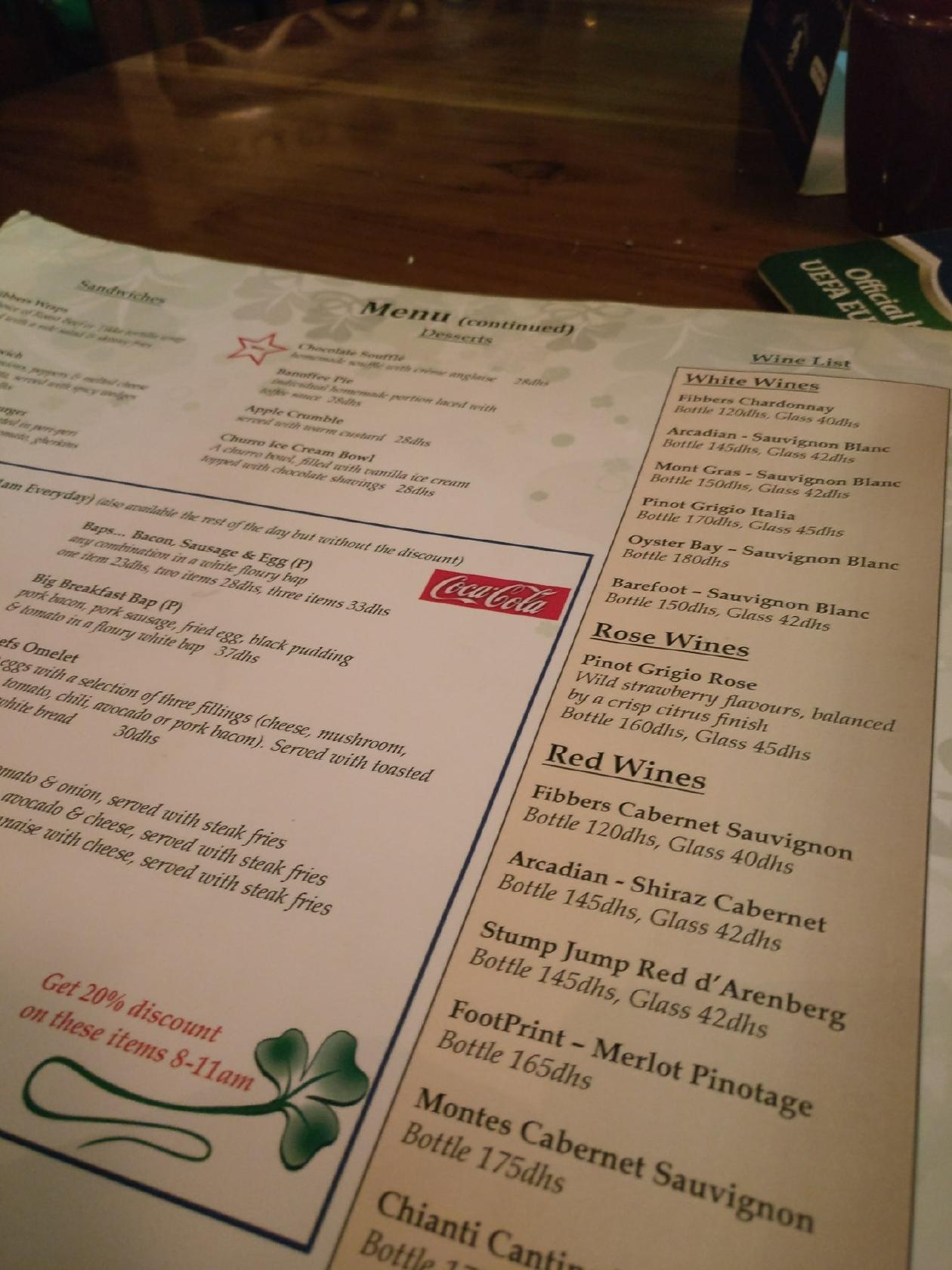 Menu at Fibber Magee’s pub & bar, Dubai, Saeed Tower 1 Sheikh Zayed Rd