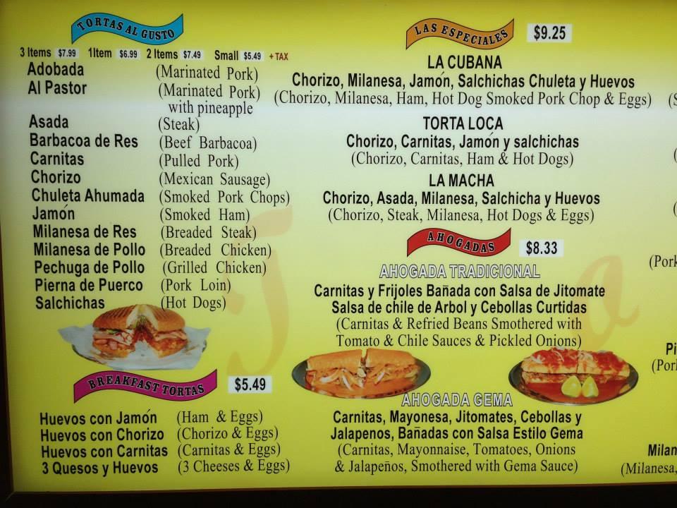 Menu at Las Tortas restaurant, Denver