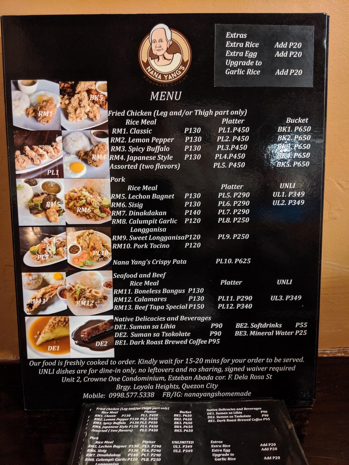 Menu at Nana Yang's Homemade Cuisine restaurant, Quezon City