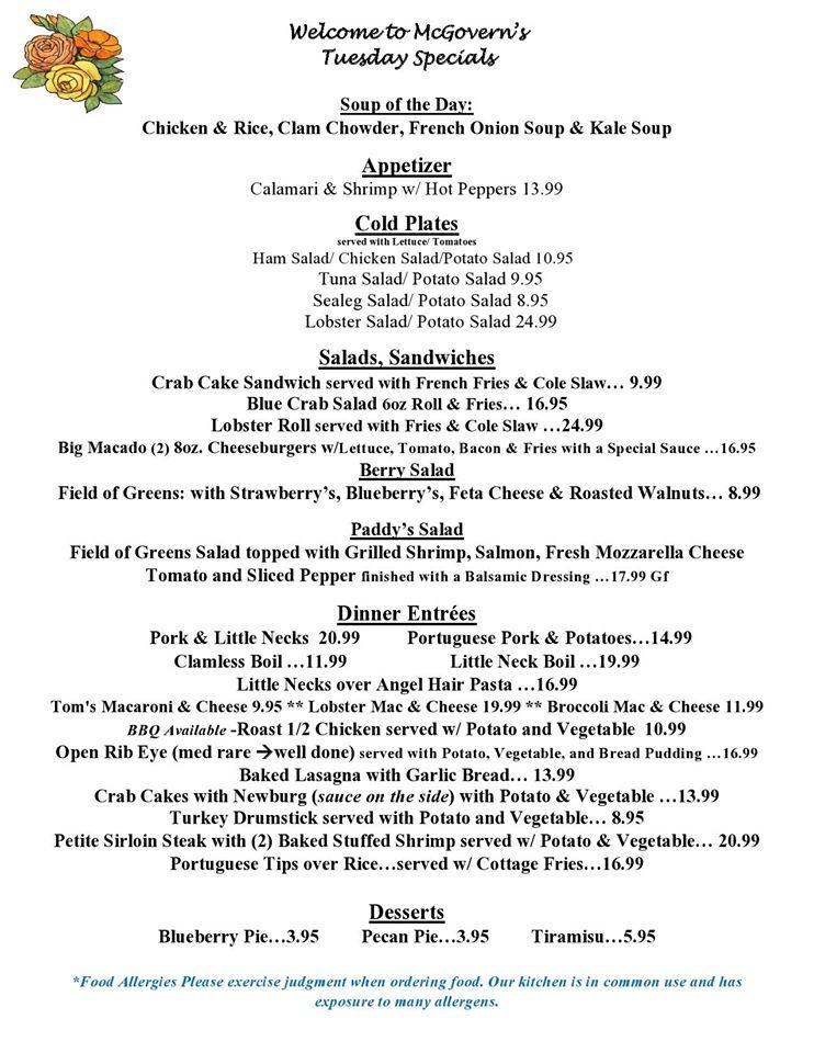 Menu at McGovern's Family Restaurant, Fall River