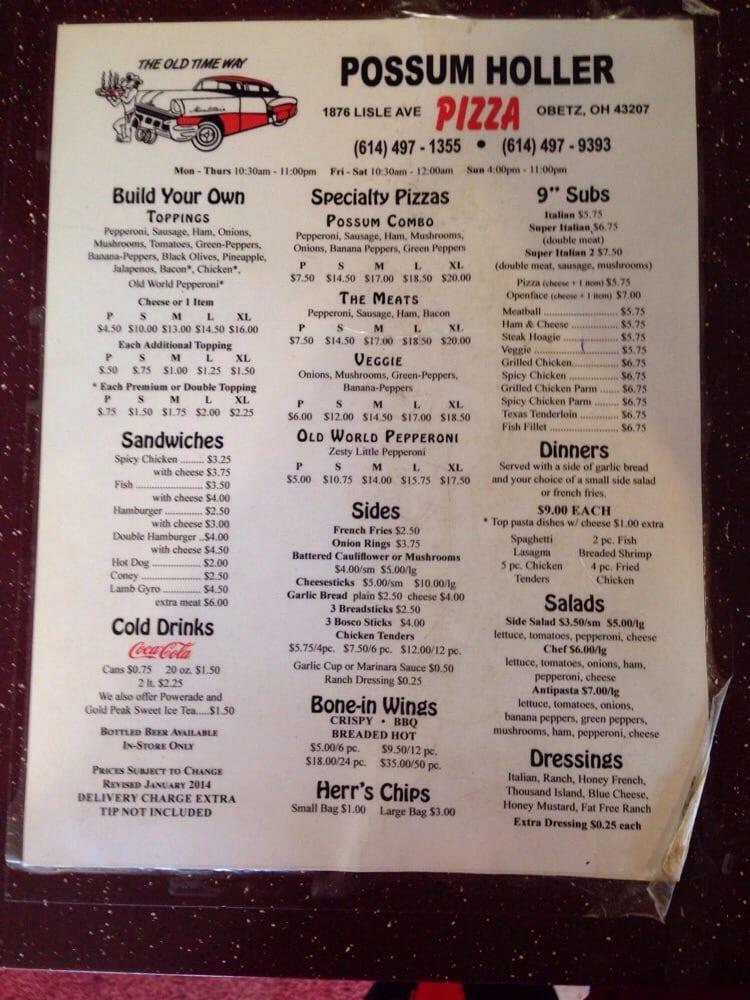 Menu at Possum Holler Pizza pizzeria, Obetz