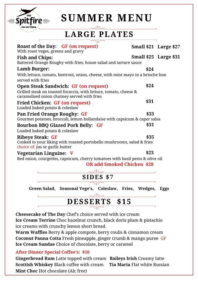 Menu at Rangiora RSA Club, Rangiora