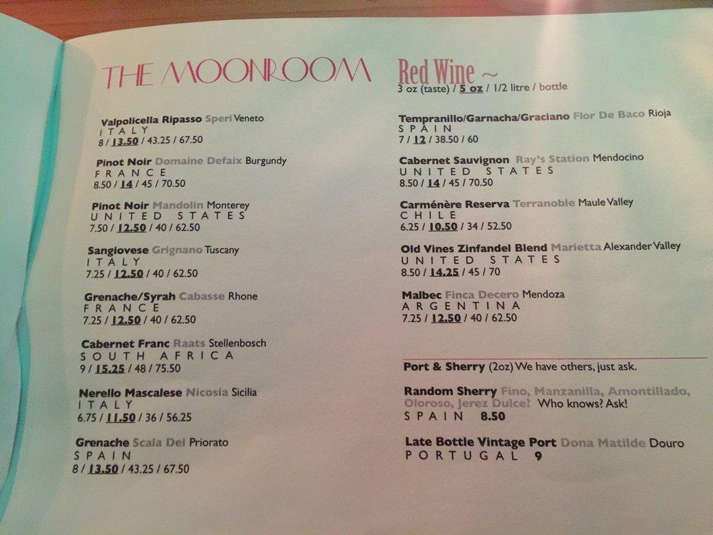 Menu at The Moonroom pub & bar, Ottawa