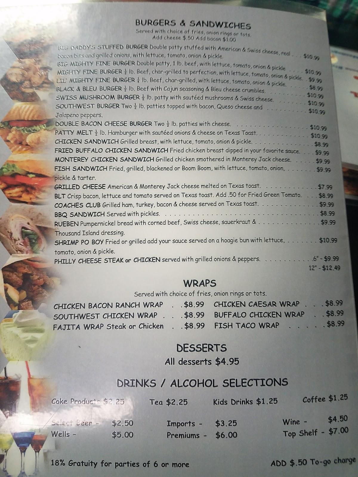 Carta de Coaches Corner Sports Bar & Grill, Wetumpka, 203 Orline St